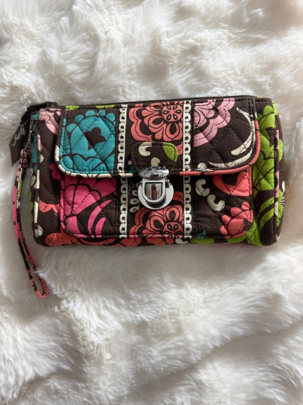 Vera Bradley Quilted Floral Wristlet in Lola Pattern, Brown, Pink, Teal & Green